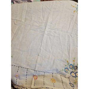White Cotton Linen Tablecover Embroidered Multicolor Floral  Edging 29in